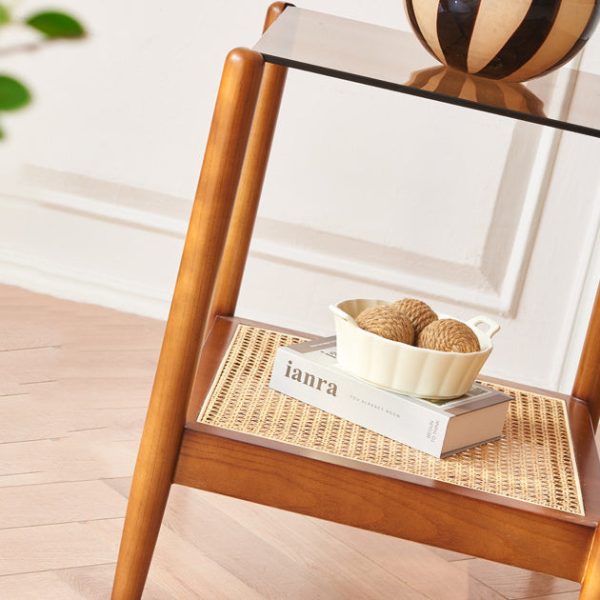 Traditional Japanese Weaving Square Ash Wood Glass End Table 2-Tier For Living Room - Image 7
