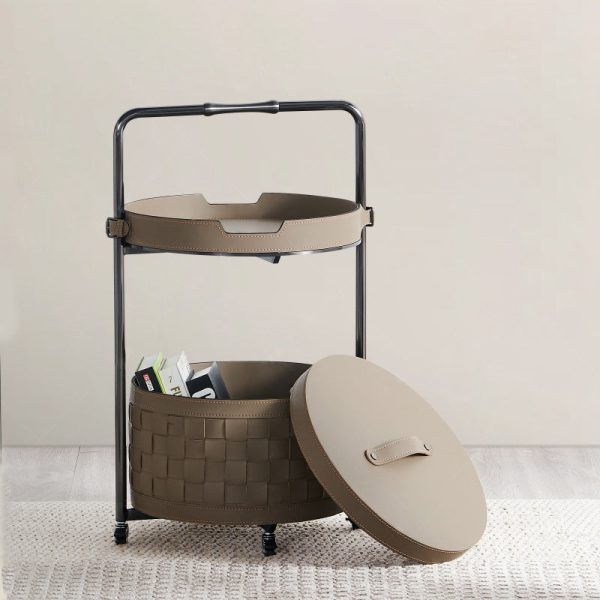 Contemporary Nordic Round Stainless Steel Saddle Leather End Table Movable 2-Tier For Living Room - Image 18