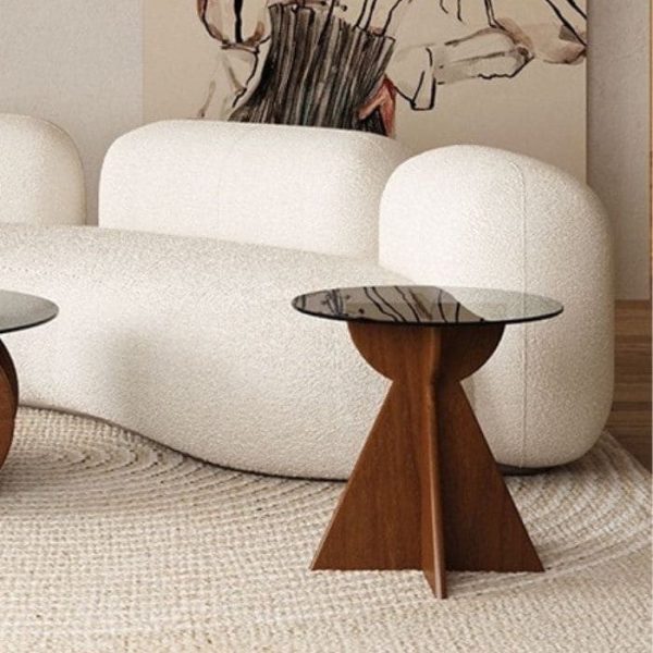 Contemporary Retro Geometric Oval Tempered Glass Wood Base End Table For Living Room - Image 9
