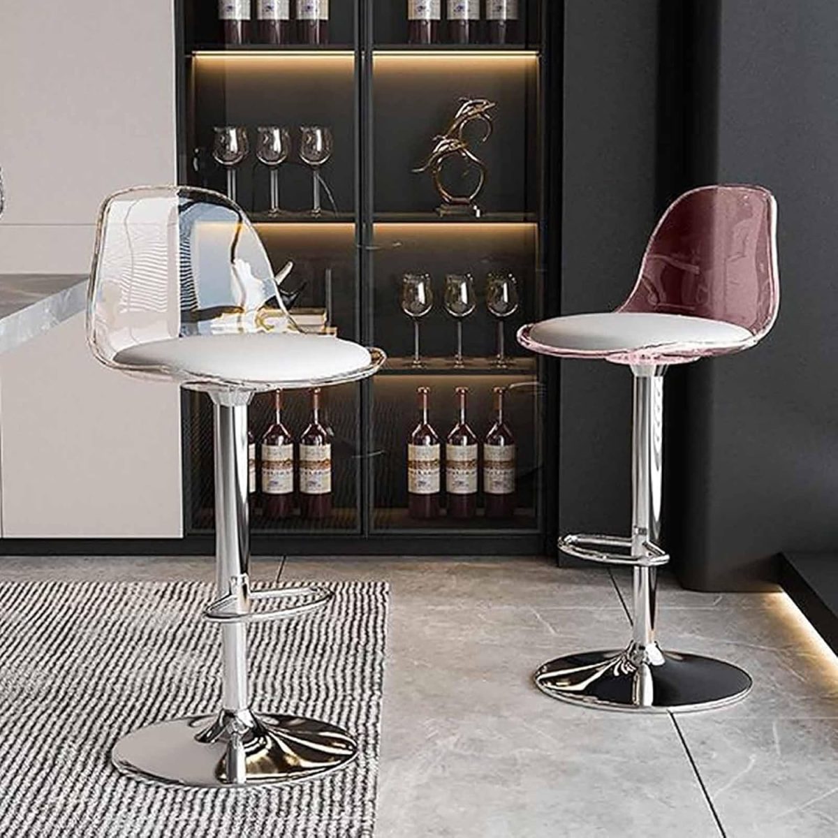 Contemporary Scandinavian Curved Acrylic Metal Base Adjustable Swivel Bar Stool Backrest Footrest For Kitchen - Image 15
