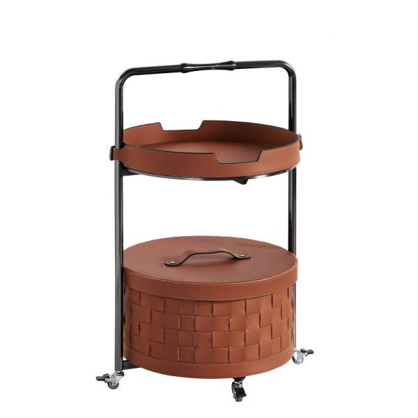 Contemporary Nordic Round Stainless Steel Saddle Leather End Table Movable 2-Tier For Living Room - Image 20