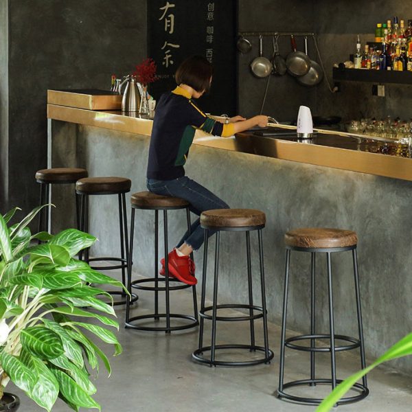 Contemporary Industrial Round Solid Wood Iron Frame Bar Stool Backless Footrest For Dining Room - Image 12