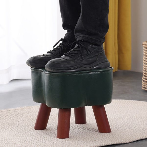Modern Art Deco Clover Round Oil Wax Leather Solid Wood Footstool Backless Armless For Living Room - Image 8