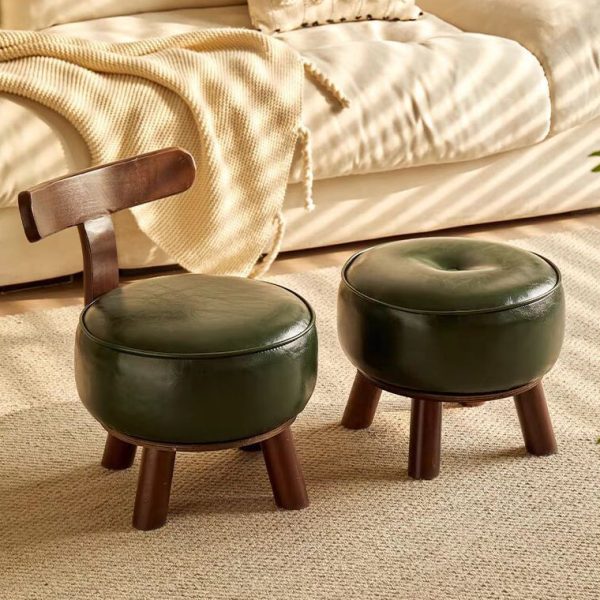 Modern Minimalist Round Bent Leather Solid Wood Footstool Backrest Armless For Living Room - Image 9