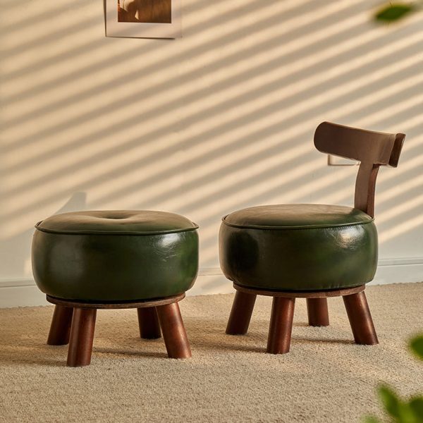 Modern Minimalist Round Bent Leather Solid Wood Footstool Backrest Armless For Living Room - Image 2