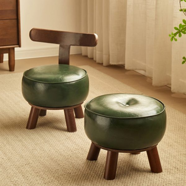 Modern Minimalist Round Bent Leather Solid Wood Footstool Backrest Armless For Living Room - Image 3