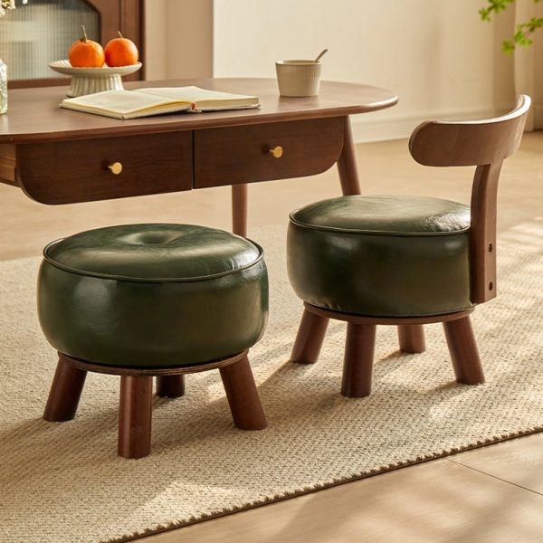 Modern Minimalist Round Bent Leather Solid Wood Footstool Backrest Armless For Living Room - Image 10