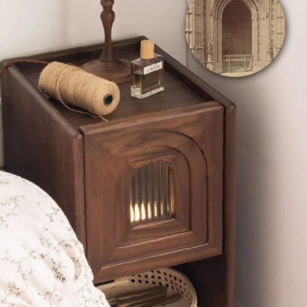 Contemporary Retro Rectangular Arched Door Walnut Glass Nightstand 1-Drawer With Nightlight For Bedside - Image 4