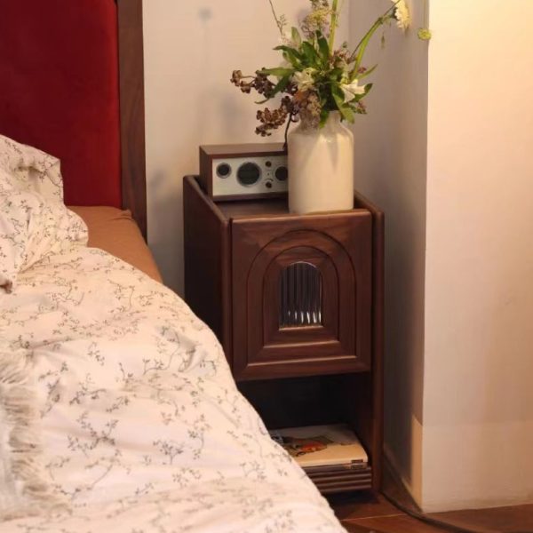Contemporary Retro Rectangular Arched Door Walnut Glass Nightstand 1-Drawer With Nightlight For Bedside - Image 7