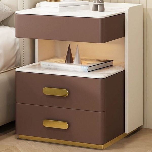 Contemporary Luxury Rectangular Rock Slab Solid Wood Leather Nightstand 2-Drawer For Bedroom - Image 18