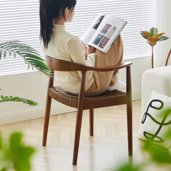 Traditional Vintage Braided Rope Wood Legs Square Dining Chair Backrest Armrest For Dining Room - Image 26