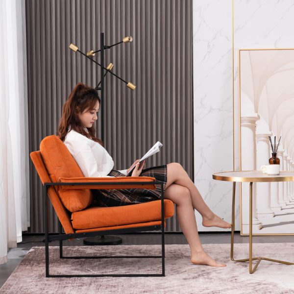 Contemporary Scandinavian Fabric Velvet Leather Carbon Steel Latex Sponge Square Accent Chair Backrest Armrest For Living Room - Image 26