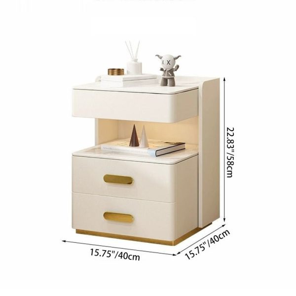 Contemporary Luxury Rectangular Rock Slab Solid Wood Leather Nightstand 2-Drawer For Bedroom - Image 4