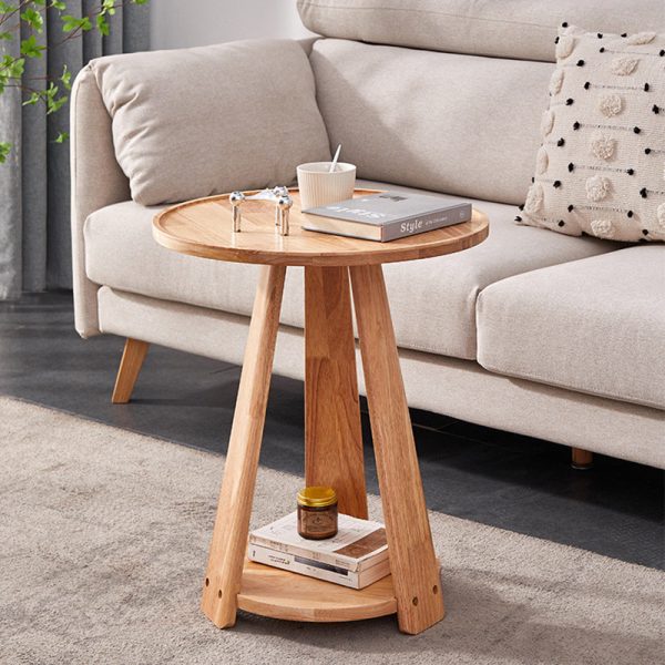Modern Simplicity Round Rubber Wood End Table 2-Tier For Living Room - Image 3