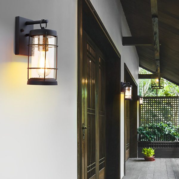 Waterproof Iron Glass Lantern Black Retro Rustic Exterior Wall Lights - Image 2