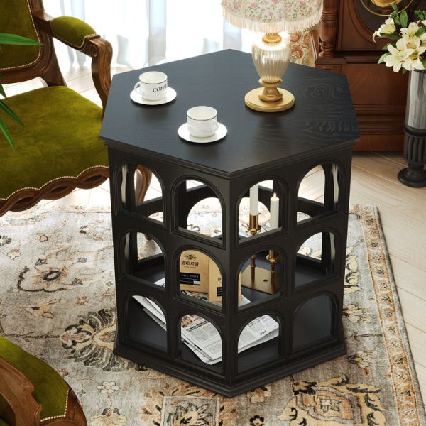Contemporary Retro Hexagonal Solid Wood Hollow End Table For Living Room - Image 9