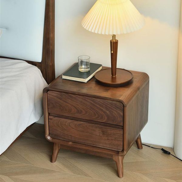 Modern Minimalist Black Walnut Rounded Square Nightstand With 2 Drawers For Bedroom - Image 15