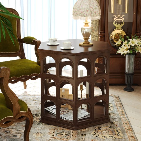 Contemporary Retro Hexagonal Solid Wood Hollow End Table For Living Room - Image 3