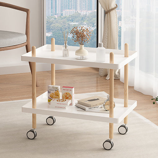 Modern Minimalist PP & Solid Wood Rectangular End Table With Wheels 2-Tier For Living Room
