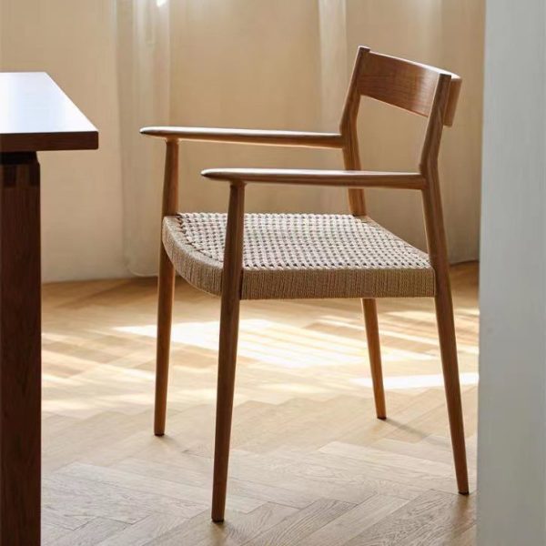 Contemporary Nordic Wood & Rope Square Dining Chair With Armrest & Backrest For Dining Room - Image 27