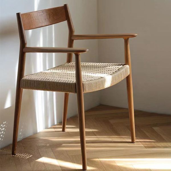 Contemporary Nordic Wood & Rope Square Dining Chair With Armrest & Backrest For Dining Room - Image 28