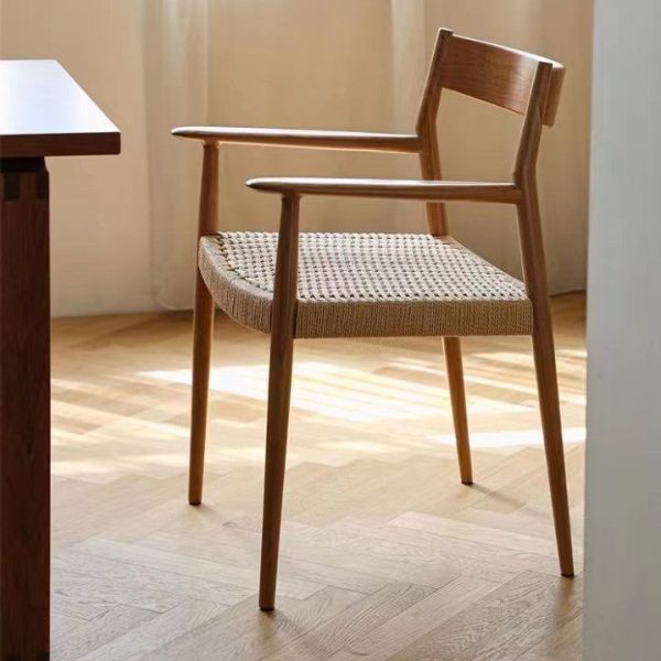 Contemporary Nordic Wood & Rope Square Dining Chair With Armrest & Backrest For Dining Room - Image 13