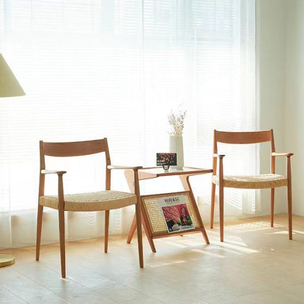 Contemporary Nordic Wood & Rope Square Dining Chair With Armrest & Backrest For Dining Room - Image 20