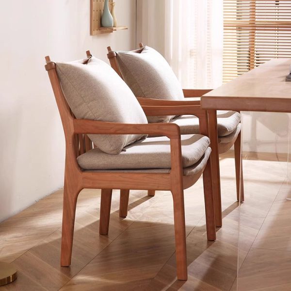 Contemporary Nordic Solid Wood Fabric Square Dining Chair With Backrest & Armrests For Living Room And Dining Room - Image 3