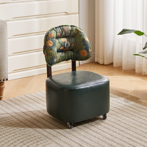 Modern Mid-Century Leather & Linen Metal Rounded Square Low Stool With Backrest And Mobility For Living Room - Image 3