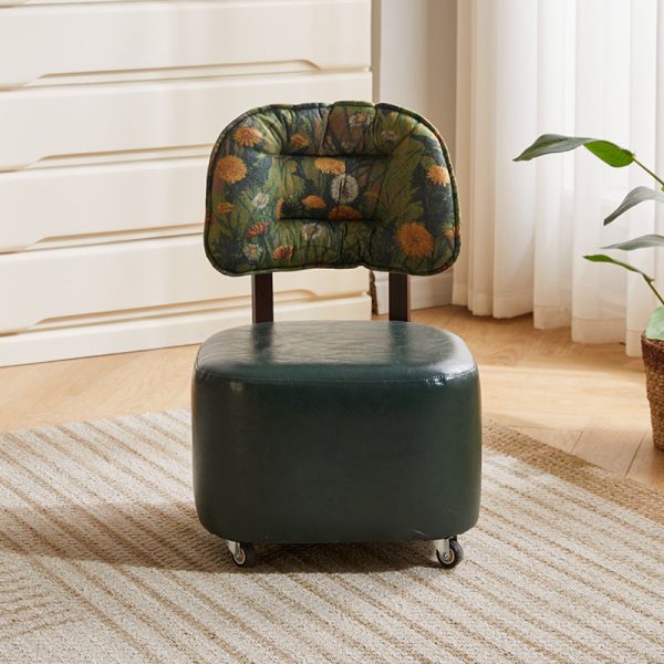 Modern Mid-Century Leather & Linen Metal Rounded Square Low Stool With Backrest And Mobility For Living Room - Image 7