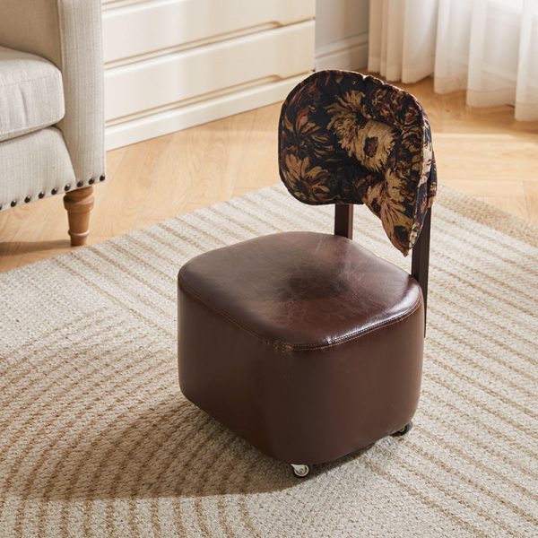 Modern Mid-Century Leather & Linen Metal Rounded Square Low Stool With Backrest And Mobility For Living Room - Image 2