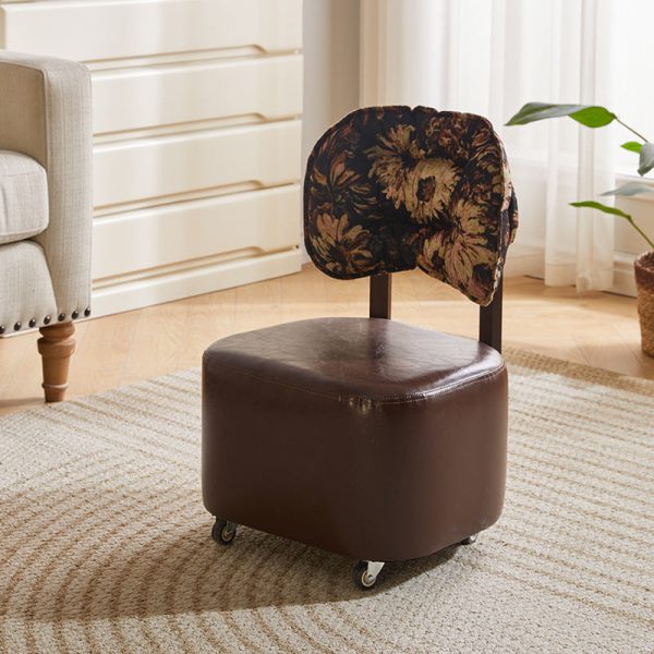 Modern Mid-Century Leather & Linen Metal Rounded Square Low Stool With Backrest And Mobility For Living Room - Image 8