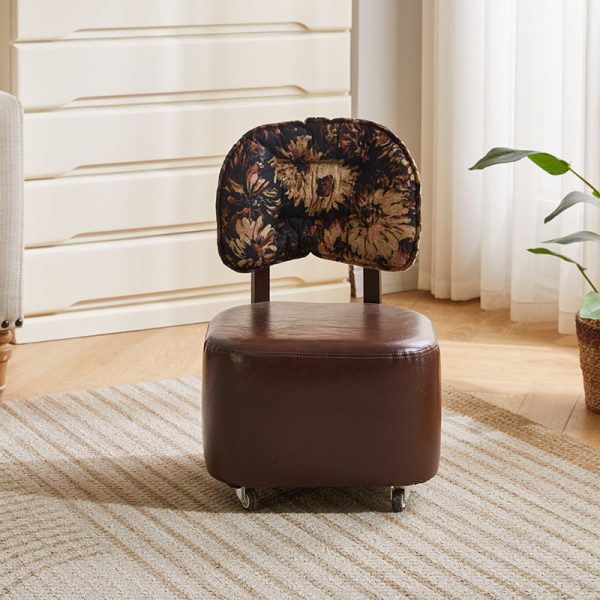Modern Mid-Century Leather & Linen Metal Rounded Square Low Stool With Backrest And Mobility For Living Room - Image 9