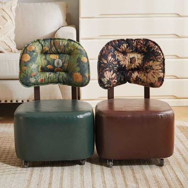 Modern Mid-Century Leather & Linen Metal Rounded Square Low Stool With Backrest And Mobility For Living Room