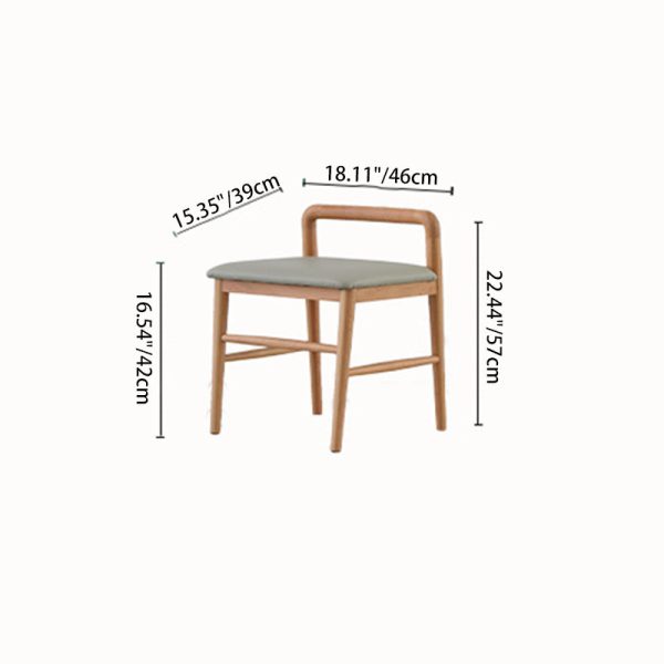 Contemporary Nordic Oak Leather Square Vanity Stool With Backrest & Footrest For Bedroom & Dining Room - Image 7