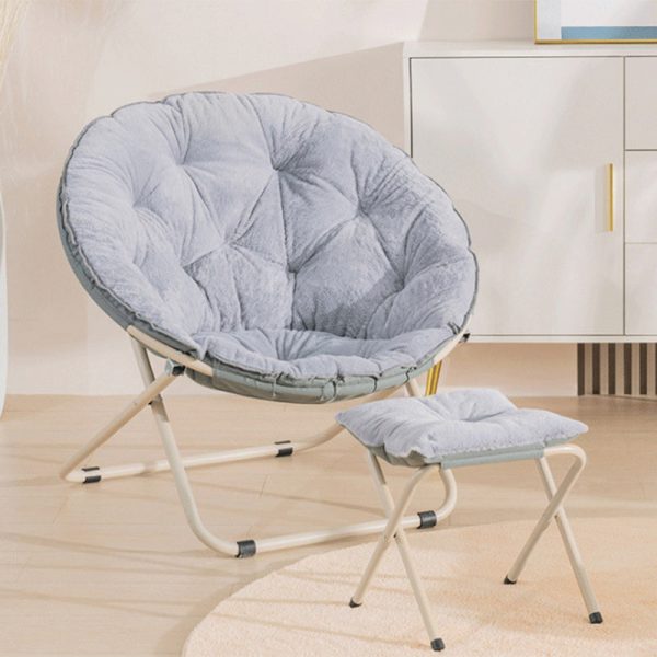 Modern Minimalist Plush Cotton Steel Round Foldable Lounge Chair With Backrest & Footrest For Living Room & Bedroom