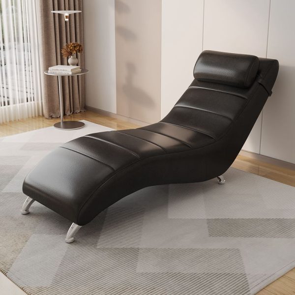 Modern Minimalist Waxed Leather Tech Fabric Wood & Metal Rectangular Recliner With Backrest For Living Room & Bedroom - Image 4