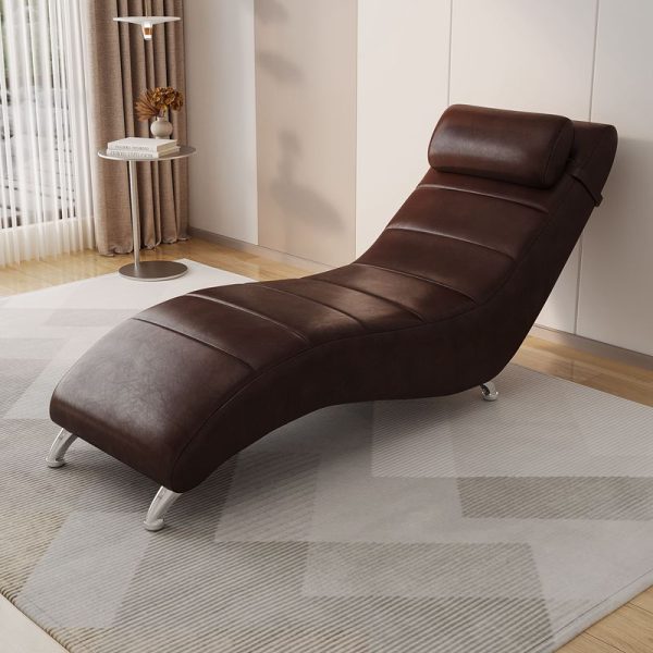 Modern Minimalist Waxed Leather Tech Fabric Wood & Metal Rectangular Recliner With Backrest For Living Room & Bedroom - Image 5