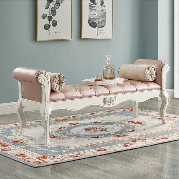 Traditional European Fabric Leather & Solid Wood Rectangular Shoe Bench With Armrests For Bedroom - Image 13