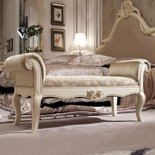 Traditional European Fabric Leather & Solid Wood Rectangular Shoe Bench With Armrests For Bedroom - Image 6