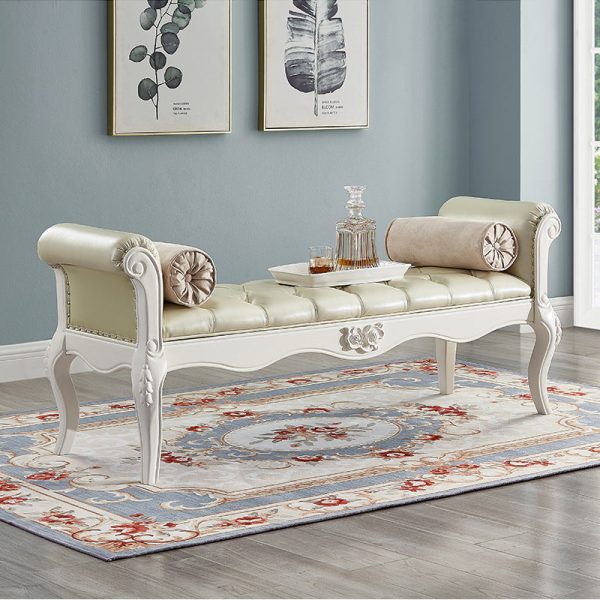 Traditional European Fabric Leather & Solid Wood Rectangular Shoe Bench With Armrests For Bedroom - Image 4