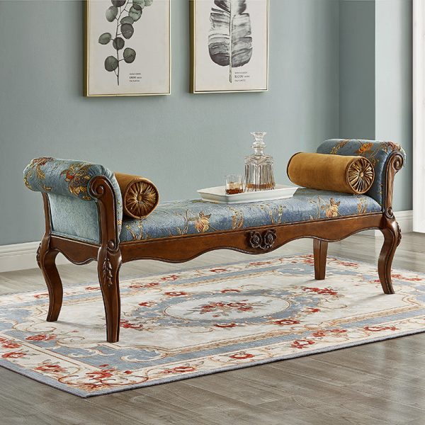 Traditional European Fabric Leather & Solid Wood Rectangular Shoe Bench With Armrests For Bedroom - Image 3