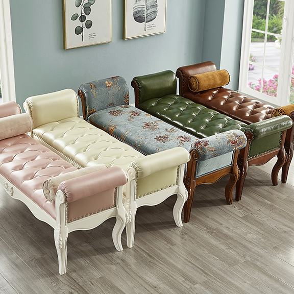 Traditional European Fabric Leather & Solid Wood Rectangular Shoe Bench With Armrests For Bedroom