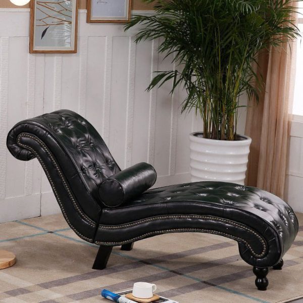 Traditional European Wood Velvet And Leather Curved Chaise Lounge Recliner With Backrest For Living Room And Bedroom - Image 22
