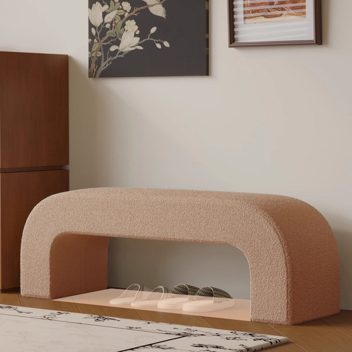 Modern Minimalist Wood Lambswool And Leather Rectangular Bench For Entryway And Living Room - Image 18