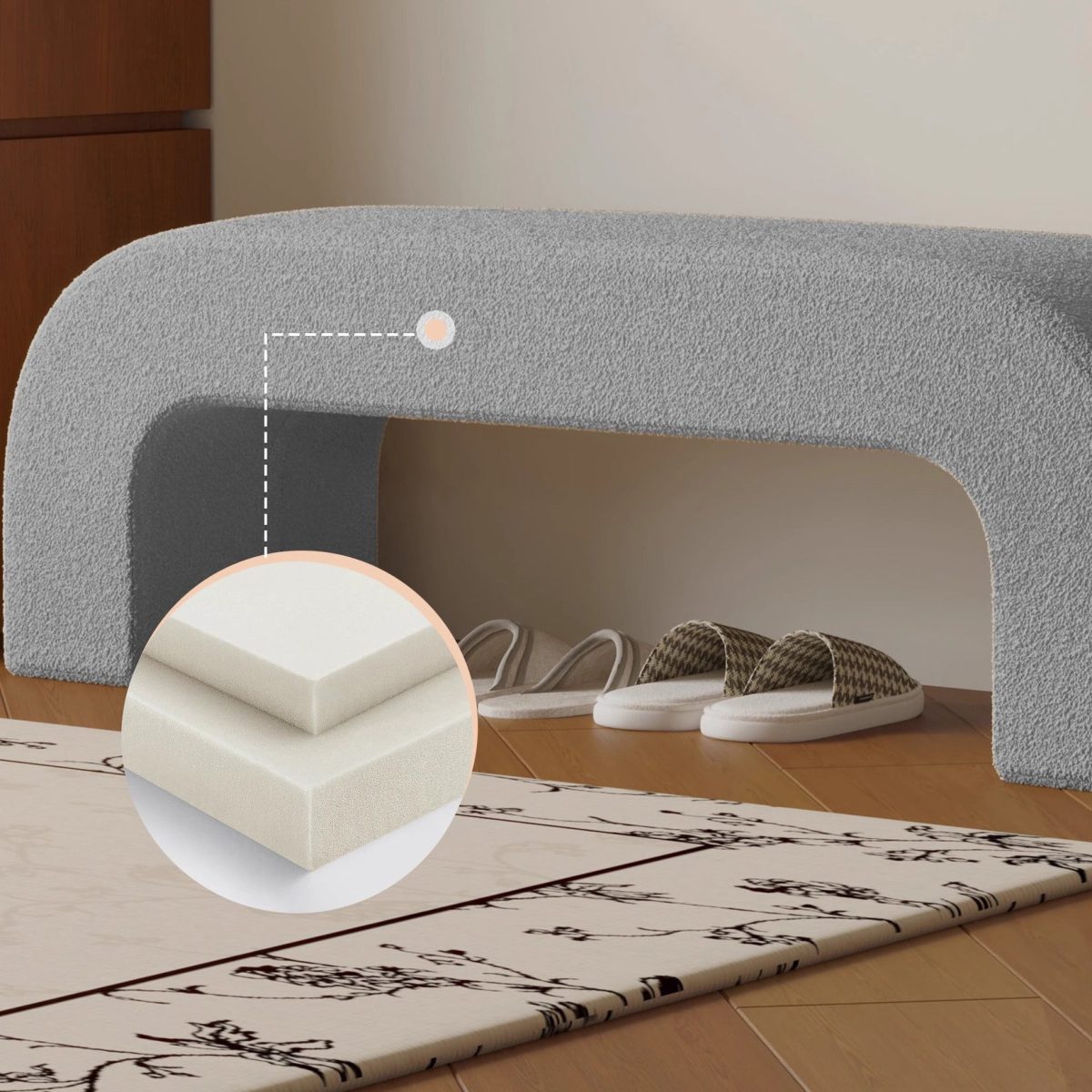 Modern Minimalist Wood Lambswool And Leather Rectangular Bench For Entryway And Living Room - Image 15