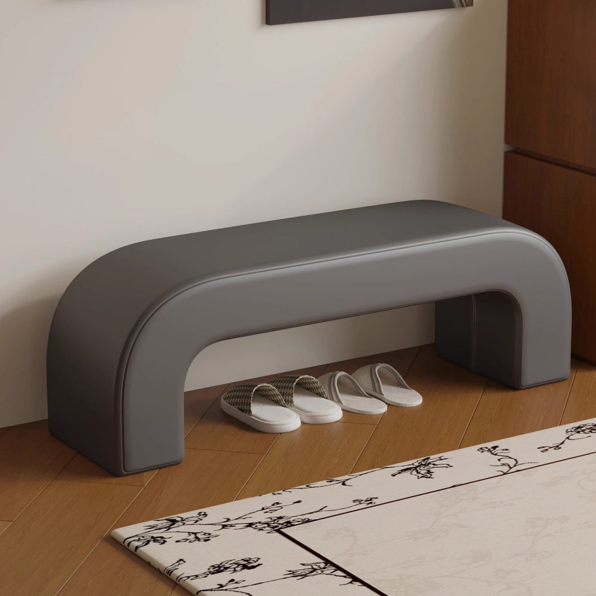 Modern Minimalist Wood Lambswool And Leather Rectangular Bench For Entryway And Living Room - Image 4