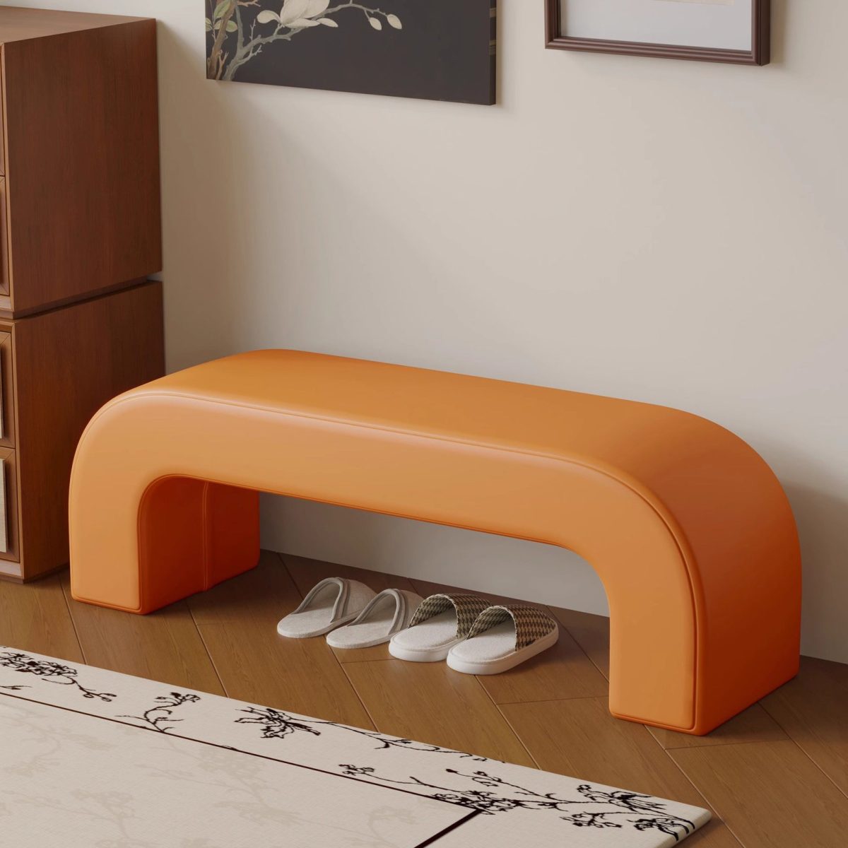 Modern Minimalist Wood Lambswool And Leather Rectangular Bench For Entryway And Living Room - Image 2