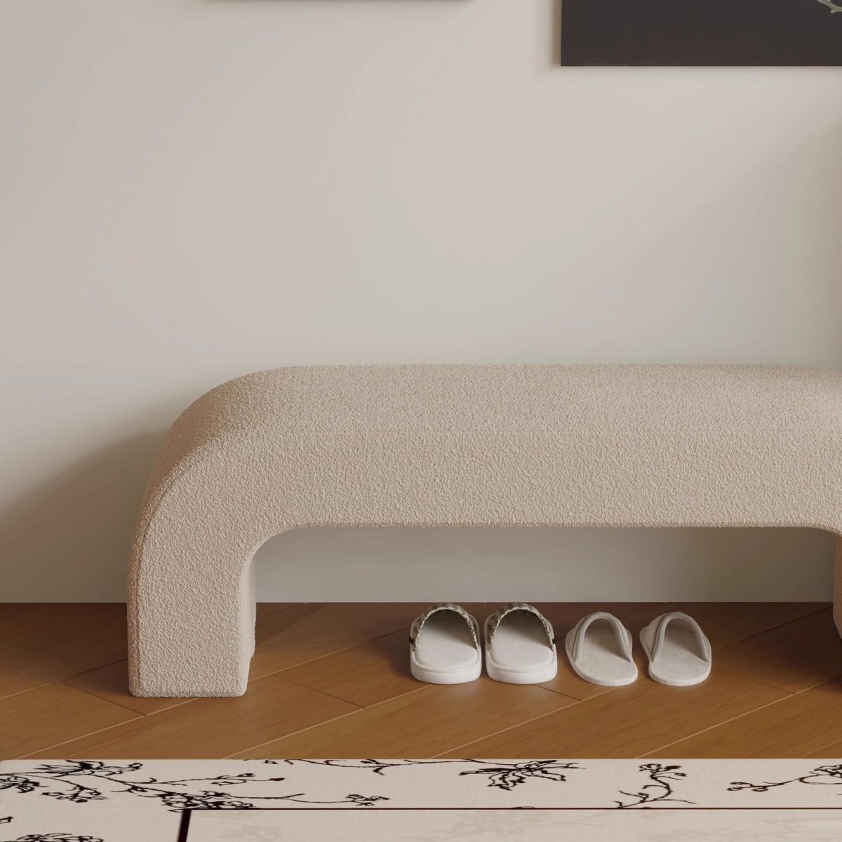 Modern Minimalist Wood Lambswool And Leather Rectangular Bench For Entryway And Living Room - Image 19