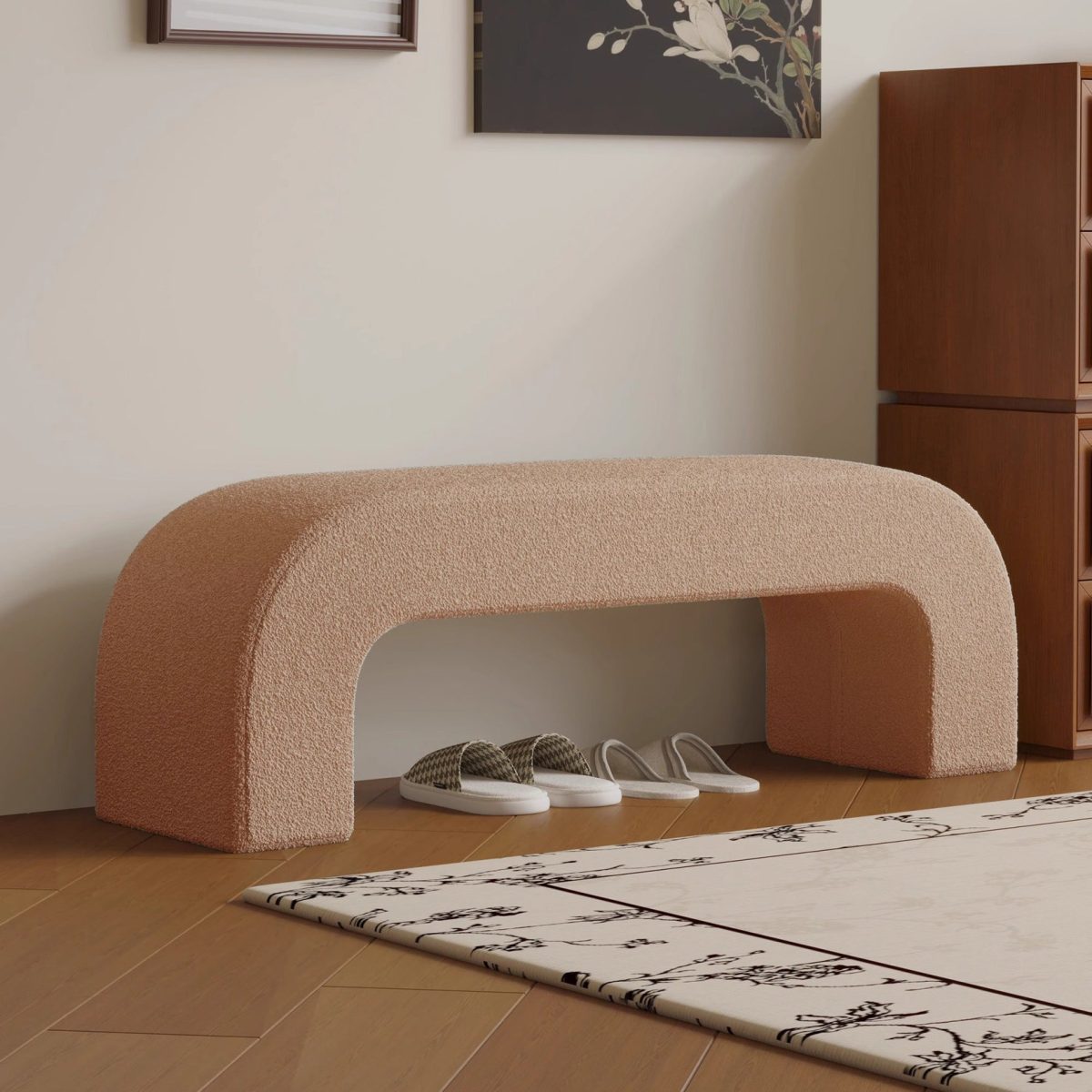 Modern Minimalist Wood Lambswool And Leather Rectangular Bench For Entryway And Living Room - Image 20